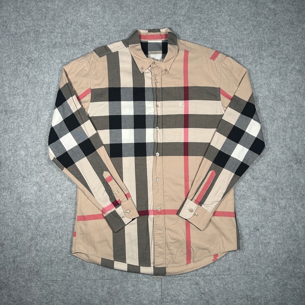 Burberry Brit Shirt Mens Large Beige Mega Check Button Down Long Sleeve Luxury